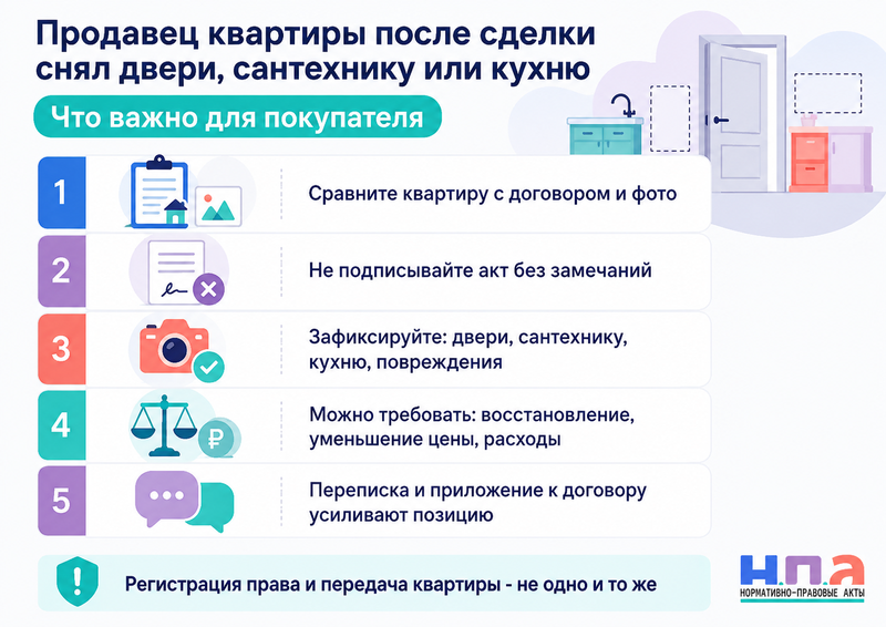 Продавец квартиры после сделки снял двери, сантехнику, встроенную кухню или другое имущество