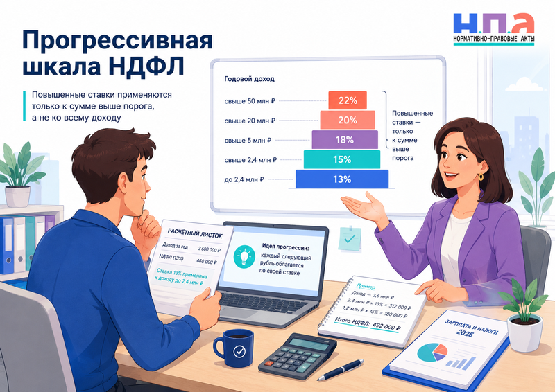 Прогрессивная шкала НДФЛ в 2026 году ставки 13%, 15%, 18%, 20% и 22%