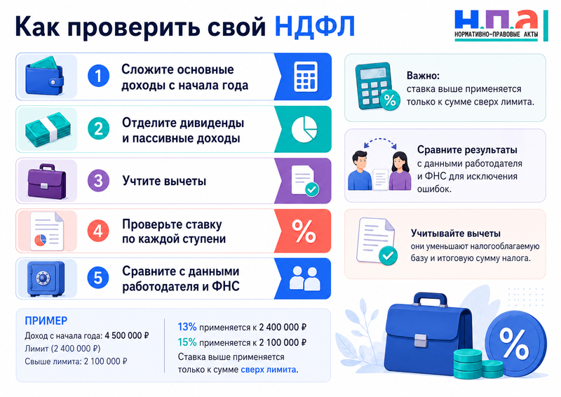 Прогрессивная шкала НДФЛ в 2026 году ставки 13%, 15%, 18%, 20% и 22%