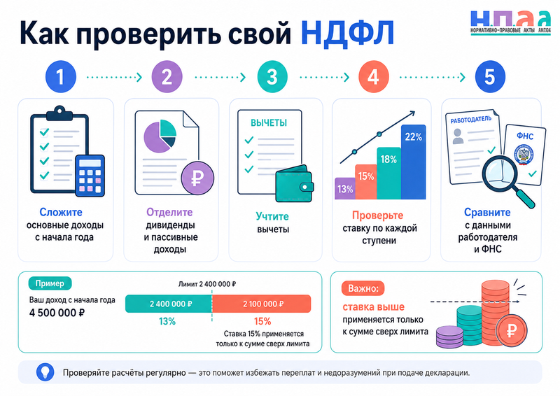 Прогрессивная шкала НДФЛ в 2026 году ставки 13%, 15%, 18%, 20% и 22%