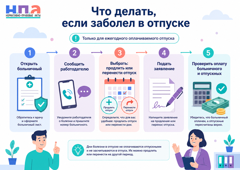 Работник заболел во время отпуска продление, перенос дней и оплата больничного