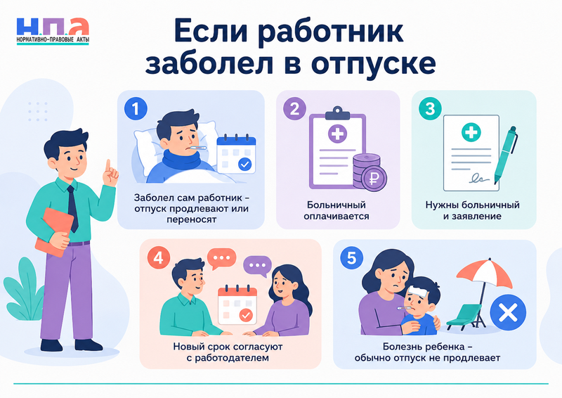 Работник заболел во время отпуска продление, перенос дней и оплата больничного
