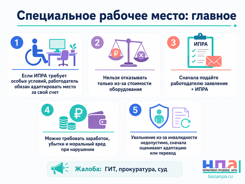 Работодатель не оборудует специальное рабочее место для инвалида требования, компенсация и защита от увольнения