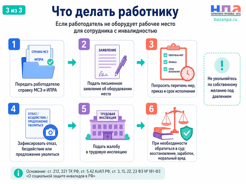 Работодатель не оборудует специальное рабочее место для инвалида требования, компенсация и защита от увольнения