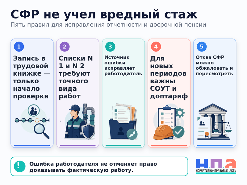 Работодатель не передал сведения о вредном стаже или особых условиях труда, из-за чего СФР отказал в досрочной пенсии