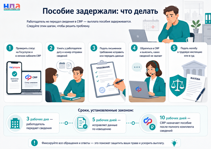 Работодатель не передал сведения в СФР и задержал пособие в 2026 году кто исправляет данные и возмещает потери