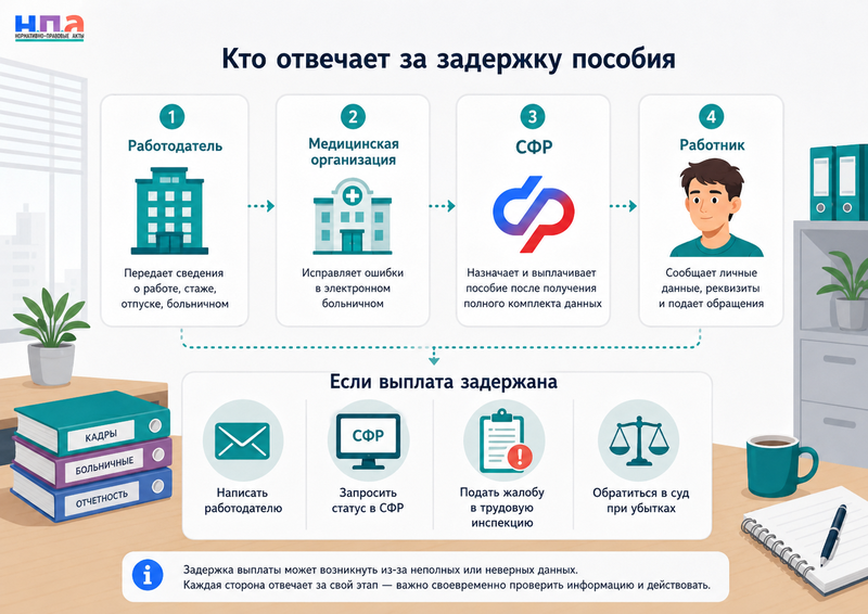 Работодатель не передал сведения в СФР и задержал пособие в 2026 году кто исправляет данные и возмещает потери