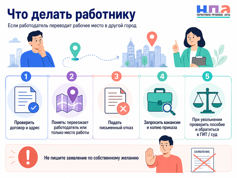 Работодатель переносит рабочее место в другой город или район можно ли отказаться и получить выходное пособие