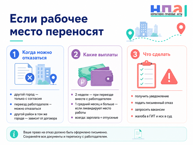 Работодатель переносит рабочее место в другой город или район можно ли отказаться и получить выходное пособие