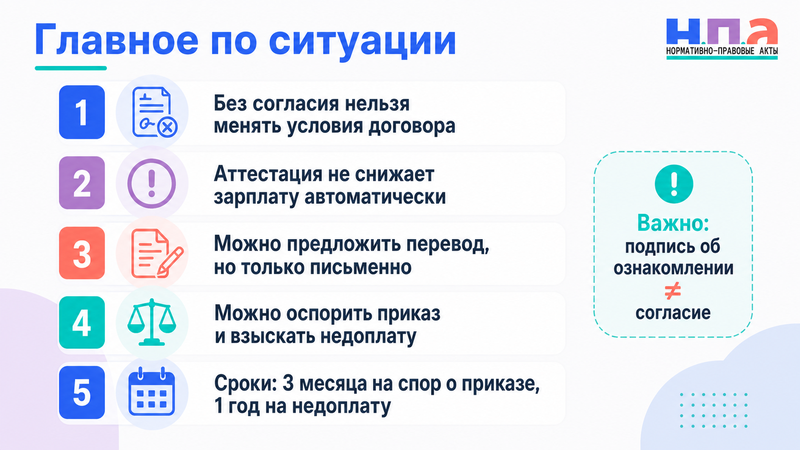 Работодатель снизил квалификационный разряд, категорию и зарплату после аттестации без согласия сотрудника