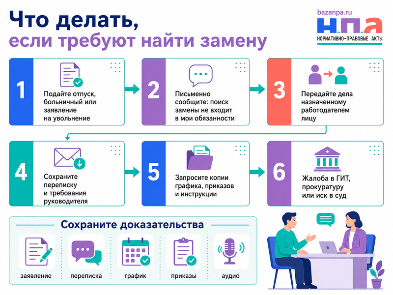 Работодатель требует самостоятельно найти замену перед отпуском, больничным или увольнением обязан ли сотрудник это делать