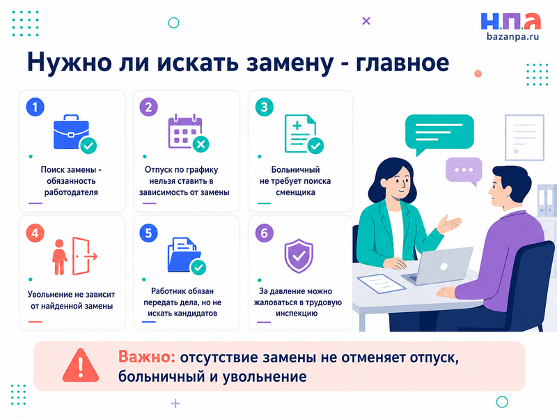 Работодатель требует самостоятельно найти замену перед отпуском, больничным или увольнением обязан ли сотрудник это делать