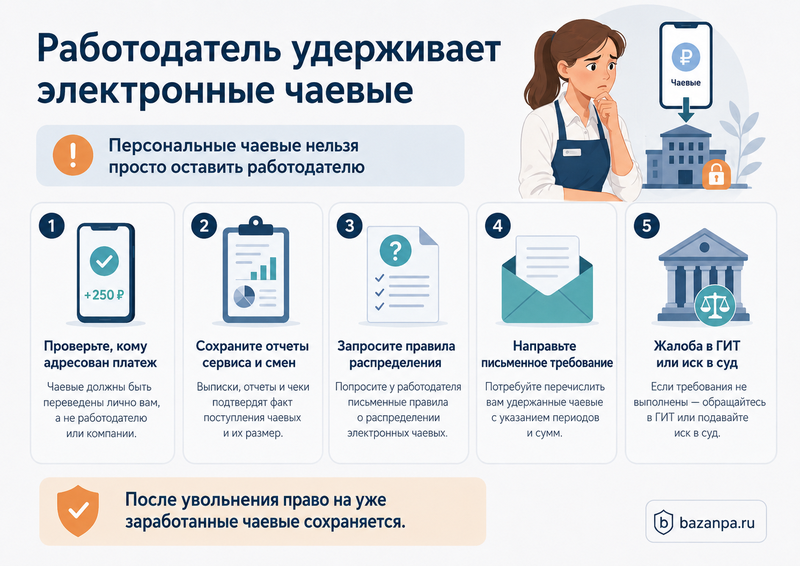 Работодатель удерживает или не распределяет чаевые, перечисленные через терминал либо сервис