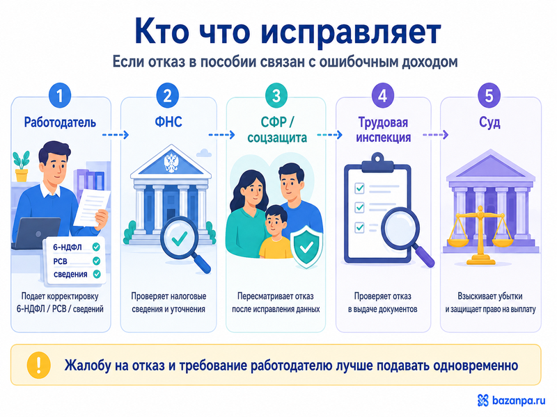 Работодатель указал неправильный или завышенный доход в 6-НДФЛ либо сведениях для СФР что делать при отказе в пособии