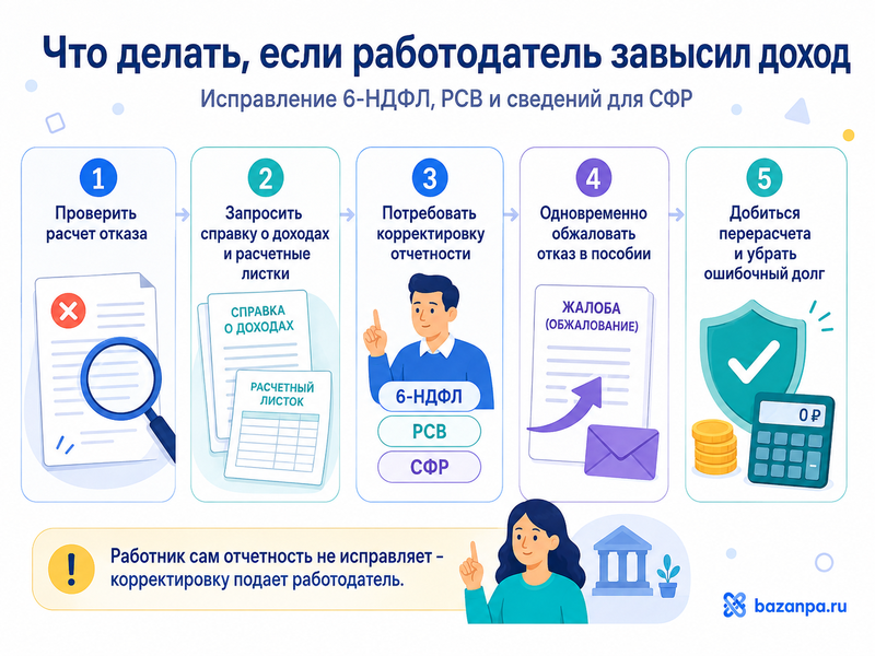 Работодатель указал неправильный или завышенный доход в 6-НДФЛ либо сведениях для СФР что делать при отказе в пособии