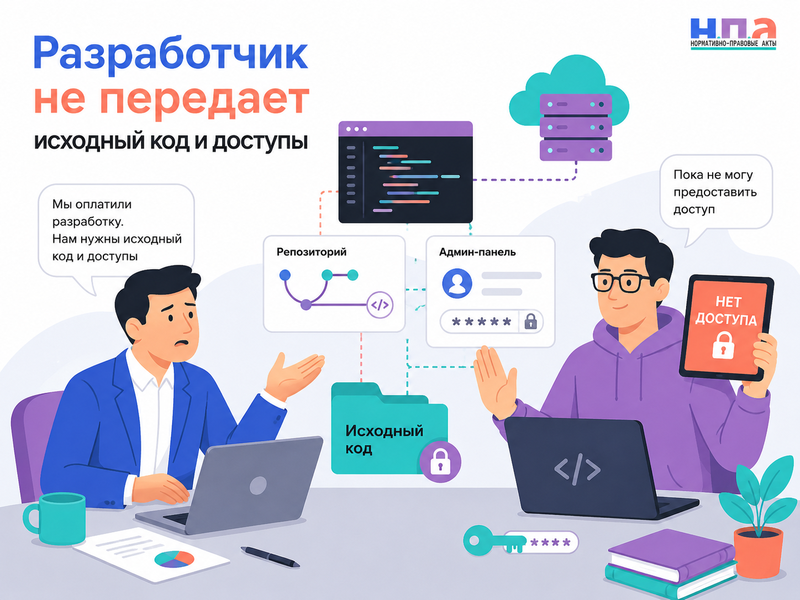 Разработчик не передает исходный код и доступы кому принадлежат права на сайт или приложение