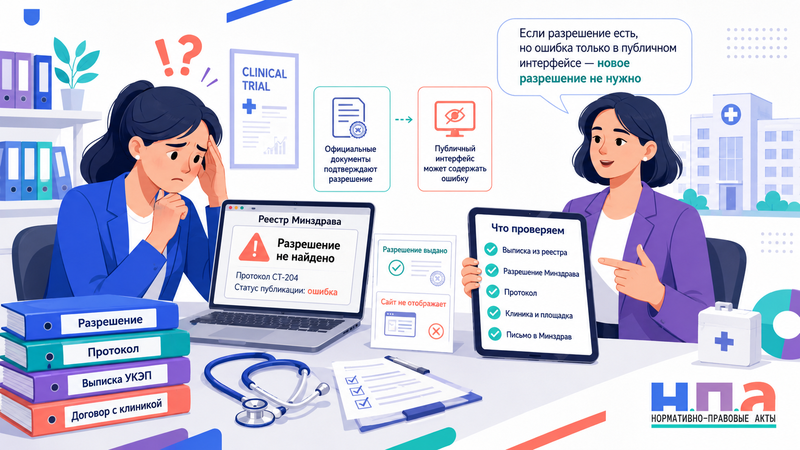 Разрешение на клиническое исследование не отображается в реестре Минздрава