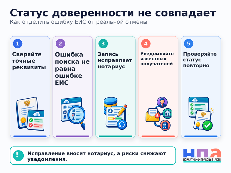 Реестр доверенностей показывает неверный статус как исправить запись