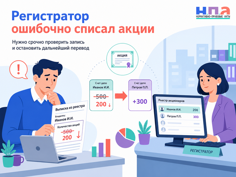 Регистратор акционерного общества ошибочно списал акции либо зачислил их другому владельцу