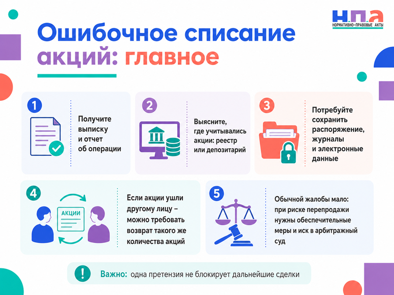 Регистратор акционерного общества ошибочно списал акции либо зачислил их другому владельцу