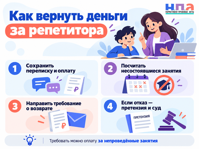 Репетитор отменил оплаченные занятия - как вернуть деньги