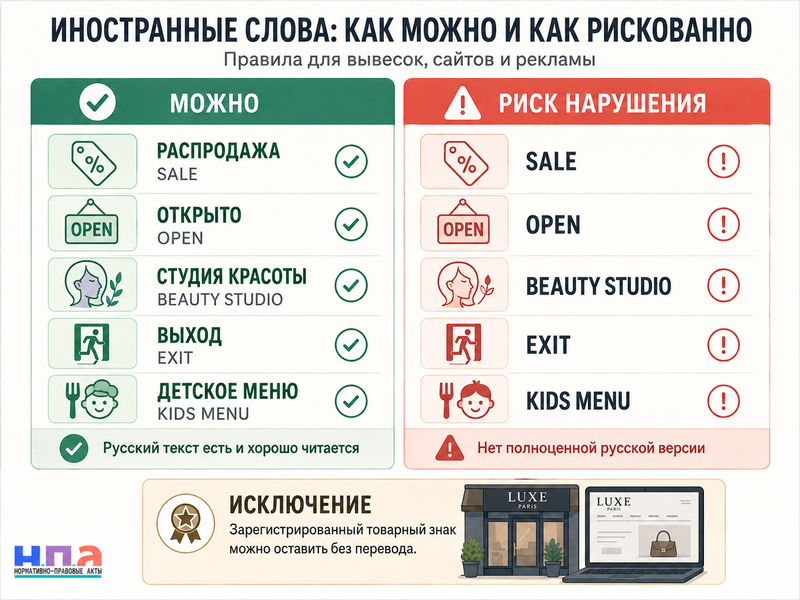 Русский язык на вывесках, сайтах и в рекламе в 2026 году какие иностранные слова запрещены