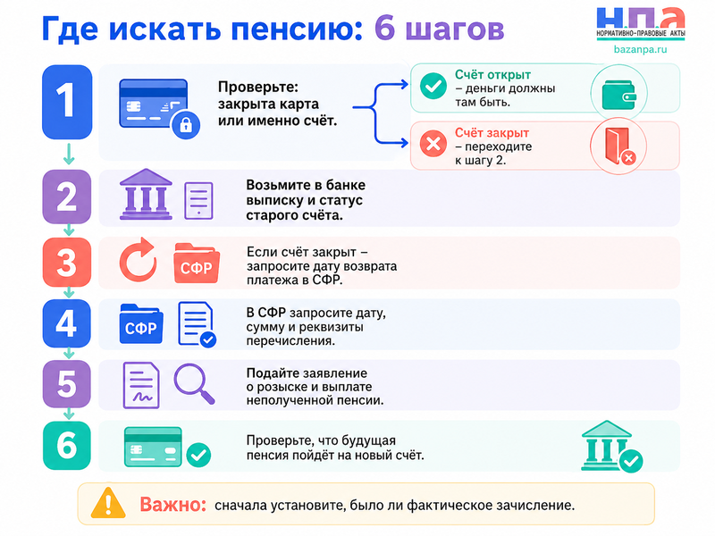 СФР не исполнил заявление о смене способа доставки пенсии и перечислил деньги на старый или закрытый счёт где искать выплату