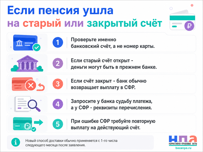 СФР не исполнил заявление о смене способа доставки пенсии и перечислил деньги на старый или закрытый счёт где искать выплату