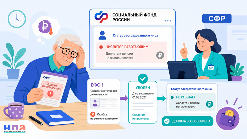 СФР ошибочно считает пенсионера работающим как восстановить социальную доплату и вернуть деньги