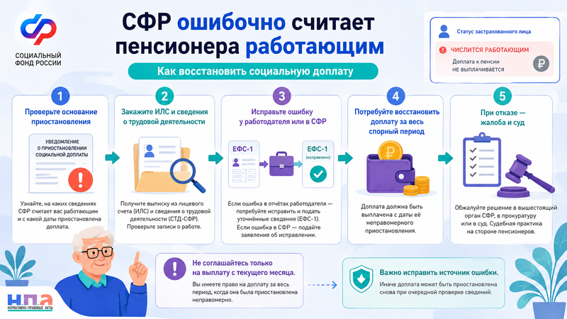 СФР ошибочно считает пенсионера работающим как восстановить социальную доплату и вернуть деньги