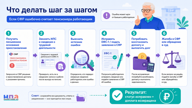 СФР ошибочно считает пенсионера работающим как восстановить социальную доплату и вернуть деньги