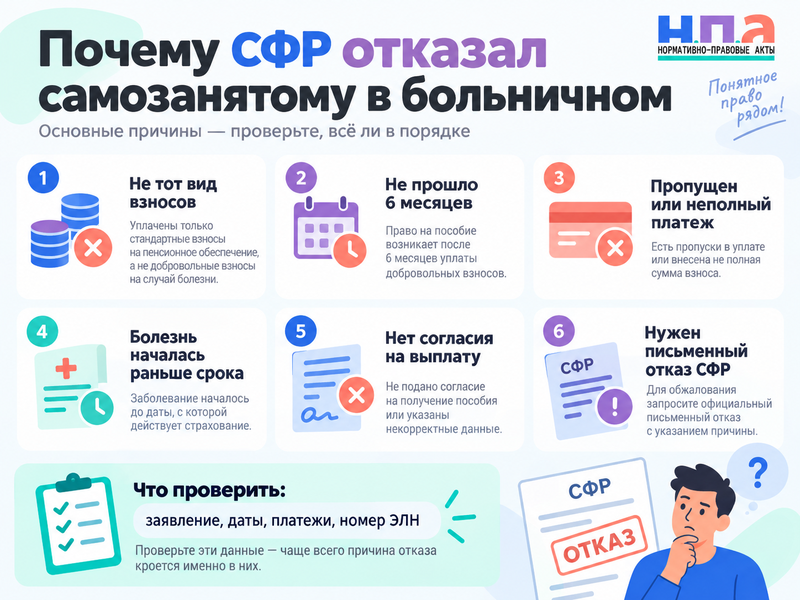 СФР отказал самозанятому в больничном после уплаты взносов