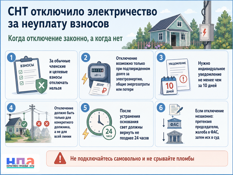 СНТ отключило электричество за неуплату взносов когда это законно и как вернуть свет