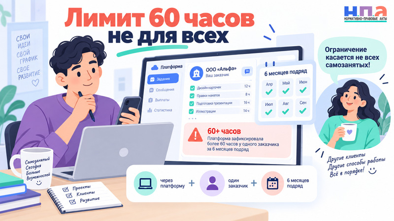 С 1 октября 2026 года правило 60 часов действует не для всех самозанятых. Проверяем платформу, заказчика и сферу работы, а при ошибочном ограничении подаем жалобу.
