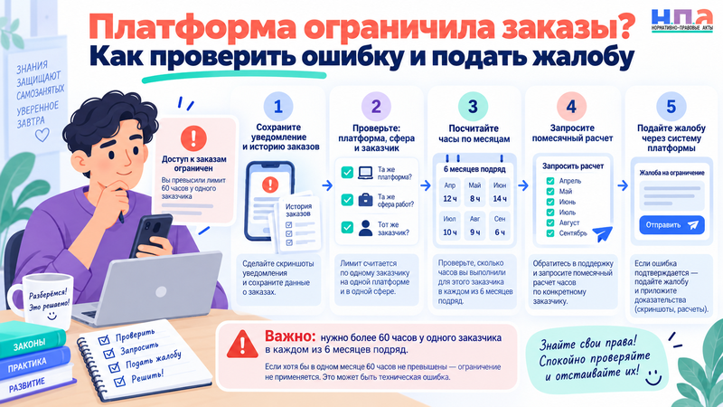 С 1 октября 2026 года правило 60 часов действует не для всех самозанятых. Проверяем платформу, заказчика и сферу работы, а при ошибочном ограничении подаем жалобу.