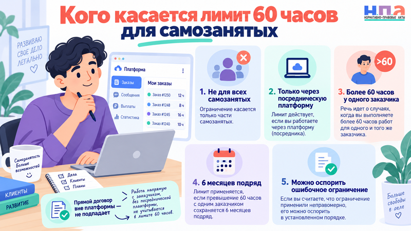 С 1 октября 2026 года правило 60 часов действует не для всех самозанятых. Проверяем платформу, заказчика и сферу работы, а при ошибочном ограничении подаем жалобу.