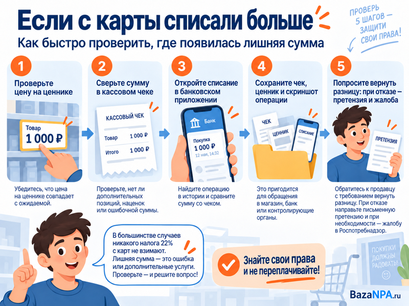 С карты якобы начали удерживать 22% НДС с каждой покупки. Разбираемся, появился ли такой налог, кто платит НДС и что делать, если магазин действительно увеличил цену.