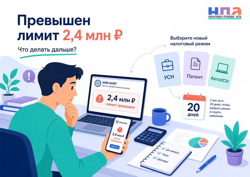 Самозанятый превысил лимит 2,4 млн рублей в 2026 году какие налоги платить и как перейти на другой режим