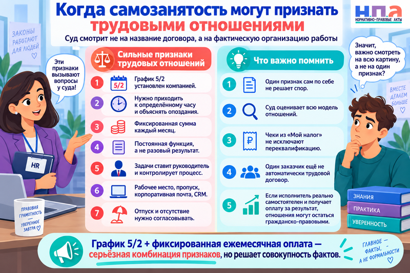 Самозанятый работает 52 и получает фиксированную сумму - это трудовые отношения