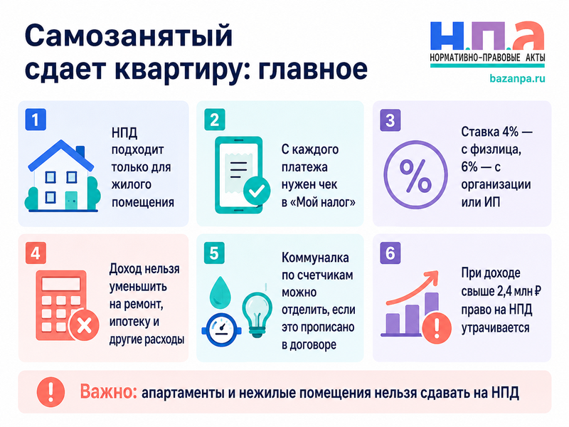Самозанятый сдает квартиру договор, чек, налог и риск утраты права на НПД