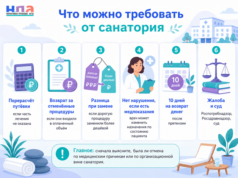 Санаторий сократил лечебную программу или отменил процедуры как добиться перерасчёта путёвки