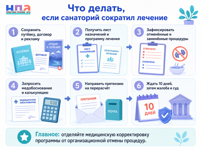 Санаторий сократил лечебную программу или отменил процедуры как добиться перерасчёта путёвки