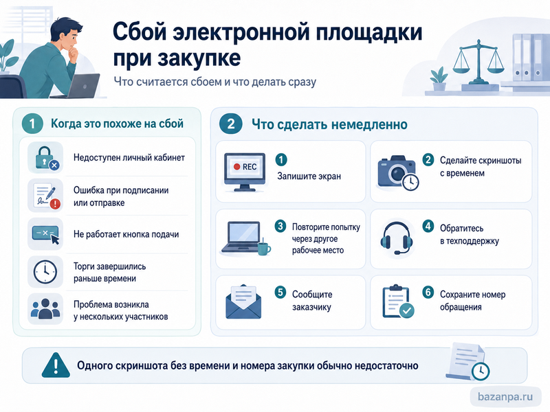 Сбой электронной площадки не позволил подать заявку или ценовое предложение: фиксация ошибки и обжалование результатов