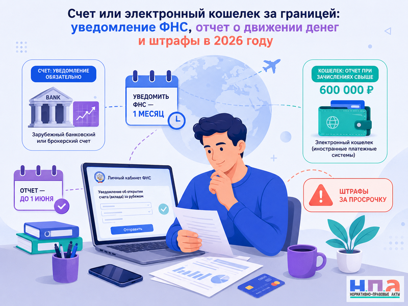 Счет или электронный кошелек за границей уведомление ФНС, отчет о движении денег и штрафы в 2026 году