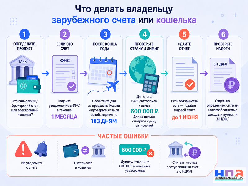 Счет или электронный кошелек за границей уведомление ФНС, отчет о движении денег и штрафы в 2026 году