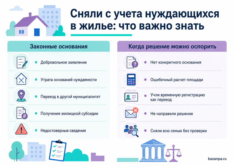 Семью сняли с учета нуждающихся в жилье основания решения и восстановление в очереди через суд