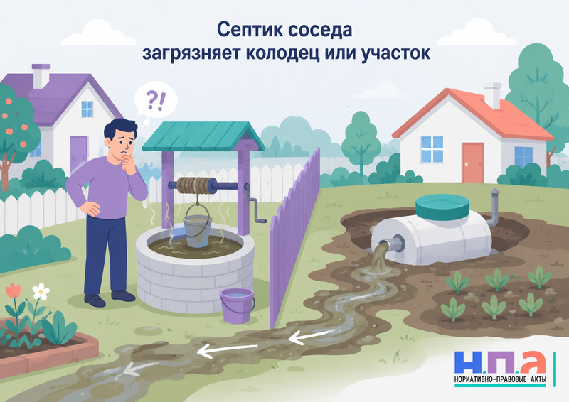 Септик соседа загрязняет колодец или участок доказательства, экспертиза и жалоба