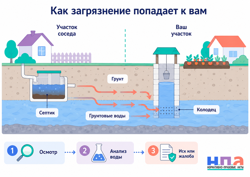Септик соседа загрязняет колодец или участок доказательства, экспертиза и жалоба