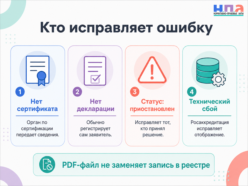 Сертификат или декларация ошибочно отсутствуют или имеют неправильный статус в реестре Росаккредитации кто исправляет