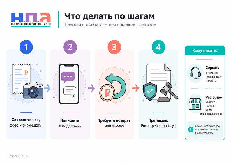 Сервис доставки еды привез не тот заказ, опоздал или отказался вернуть деньги права покупателя